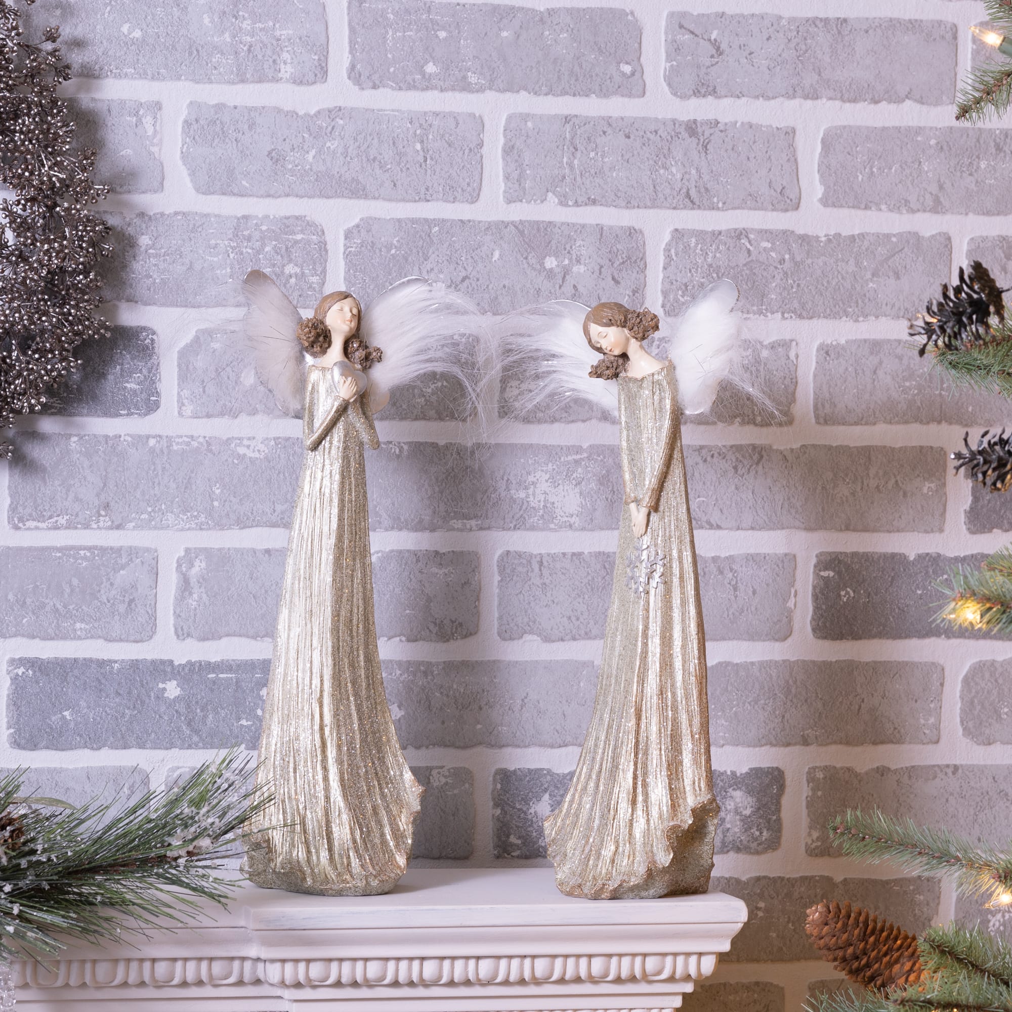 14" Glittered Angel with Feather Wings Set